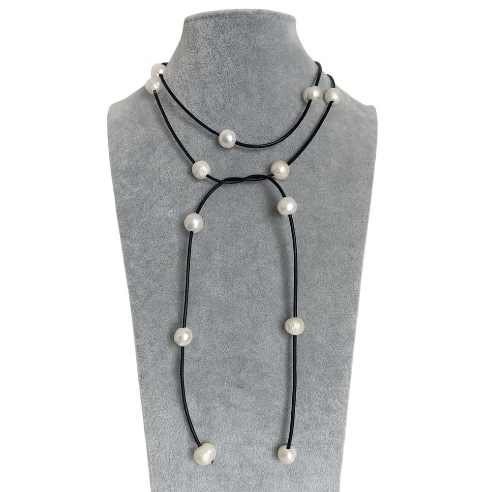 Sundance White Baroque Pearl Black Leather Wrap Lariat Layered Necklace NEW
